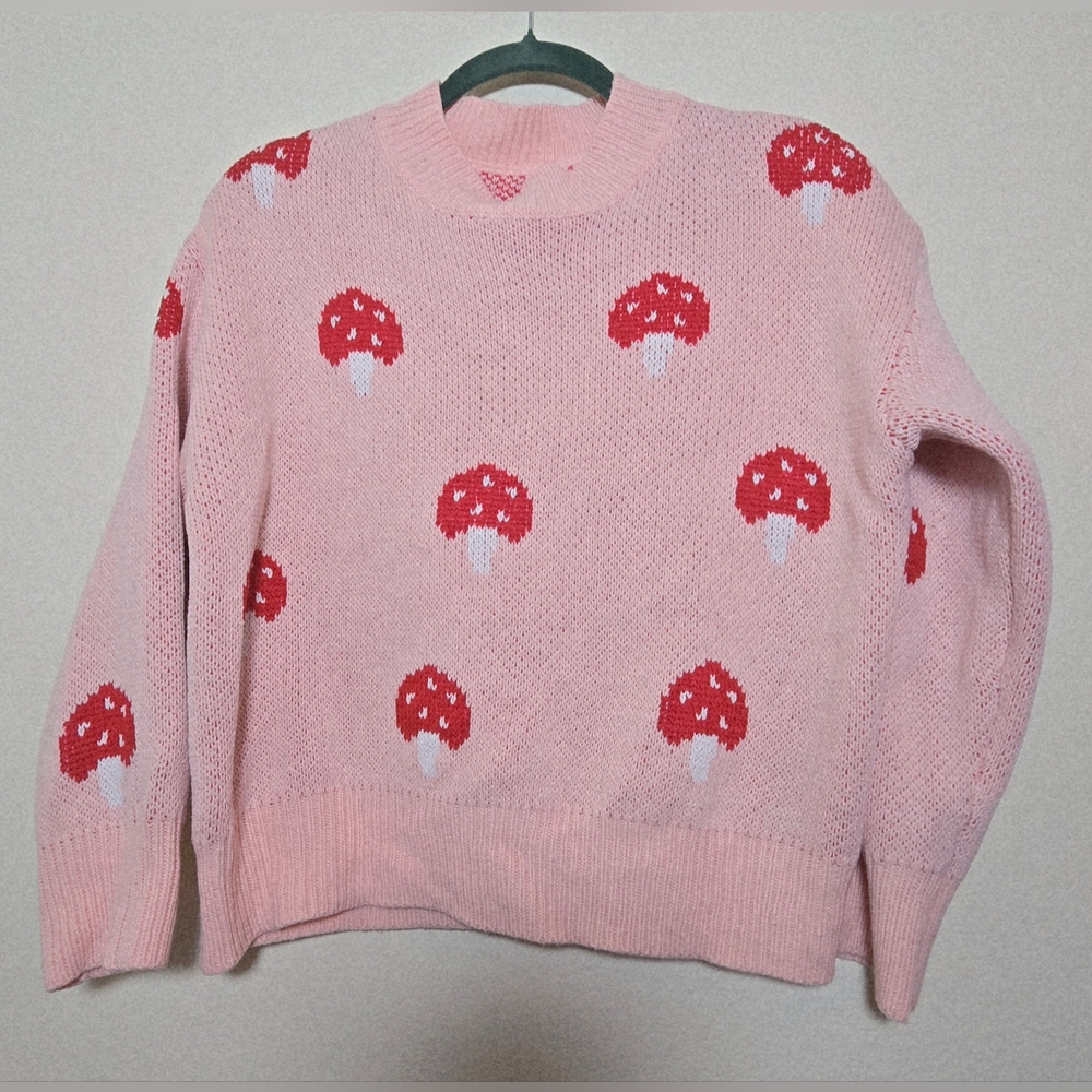 Pink Mushroom Pattern Loose Fit Knit Sweater